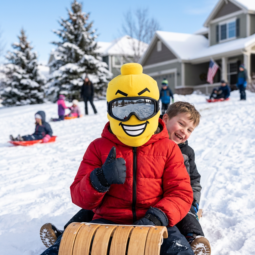 Kid on a toboggan wearing the SillyNoggins Big Grin yellow block-head ski mask