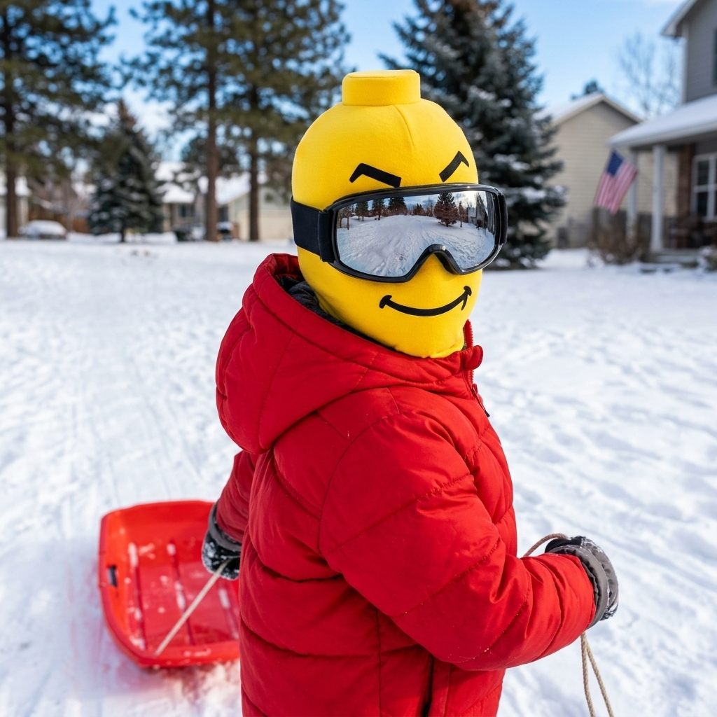 Kid pulling a sled up a snowy hill wearing the SillyNoggins Chill ski mask