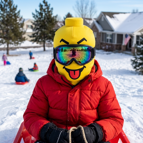 Kid on a sled wearing the SillyNoggins Goofball yellow block-head ski mask with tongue out