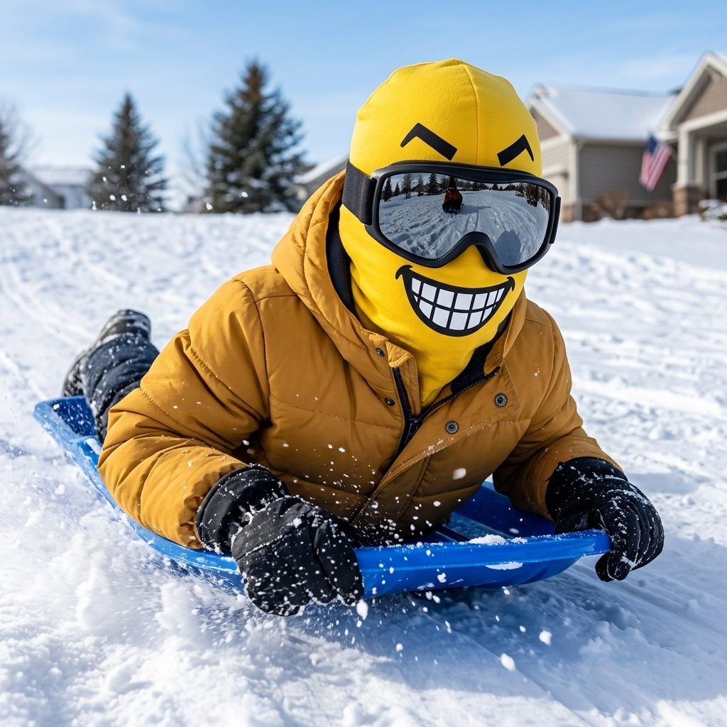 Kid sledding downhill wearing the SillyNoggins Mischief ski mask with a toothy grin