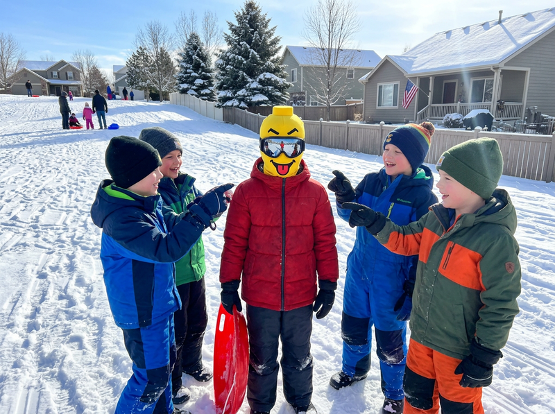 Kids laughing at a boy wearing a SillyNoggins mask on the sledding hill