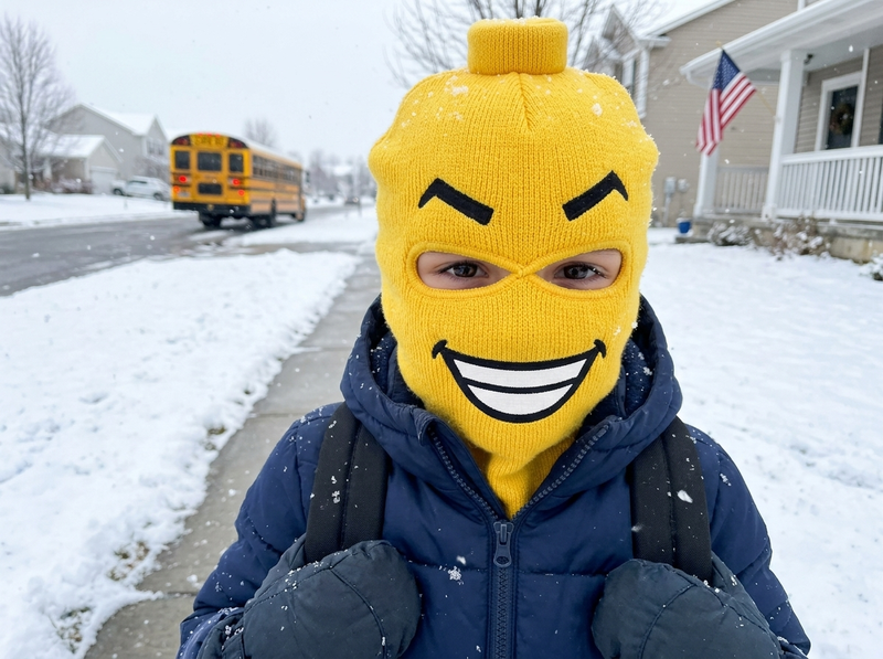 Kid at the bus stop wearing a SillyNoggins mask covering head, face and neck
