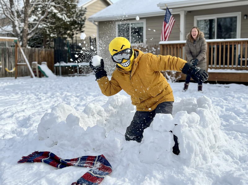 Kid in a SillyNoggins mask throwing a snowball in the backyard